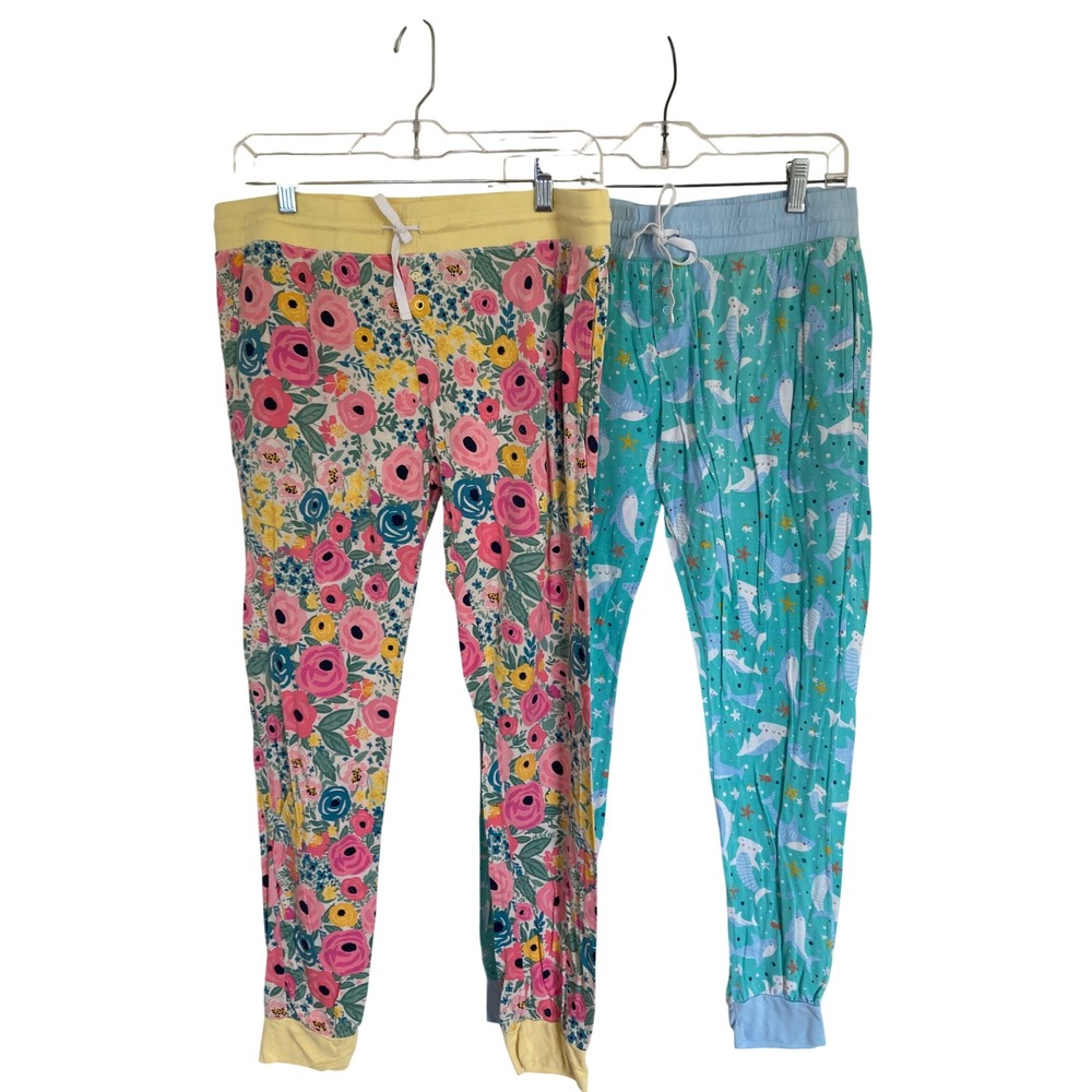 Little Sleepies Women Medium Pajama Jogger Pants Lot 2 Poppy Floral Shark Bite